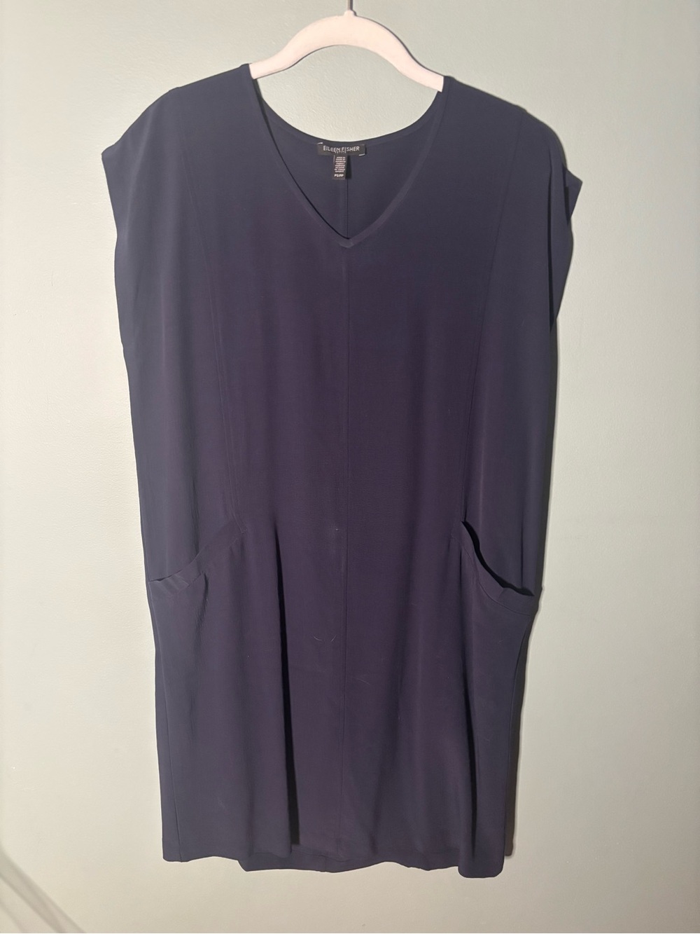 Eileen Fisher Navy Blue Tencel Lyocell Viscose V-Neck Shift Dress Pockets SP